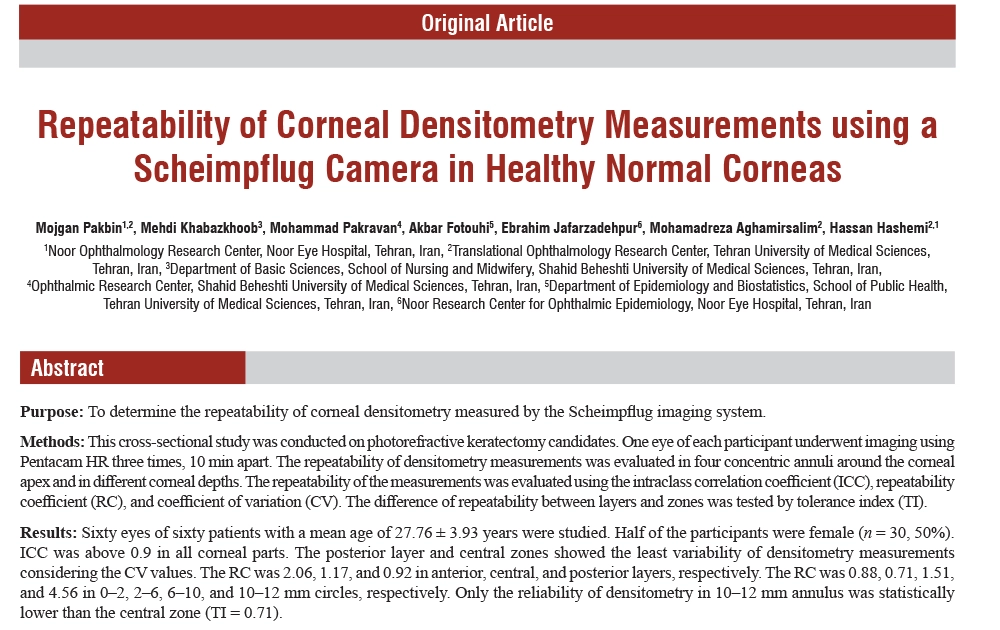 Repeatability of Corneal Densitometry Measurements using a Scheimpflug Camera in Healthy Normal Corneas